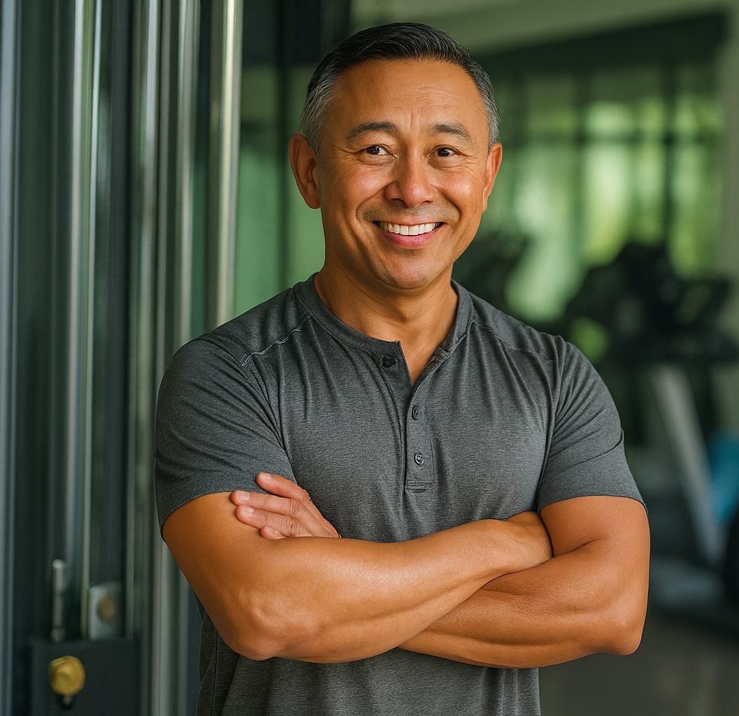 A fit middle-aged man standing with his arms crossed in a gym
