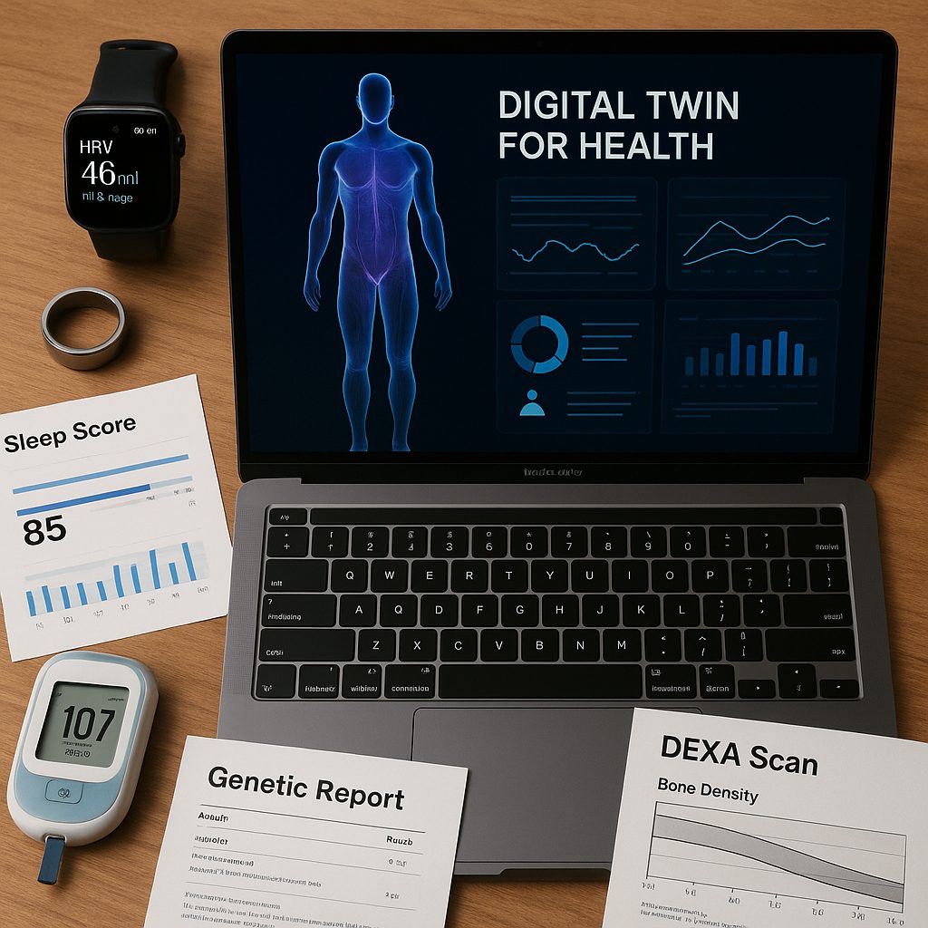 A desk holding a laptop with a Digital Twin health dashboard, a smartwatch, a sleep score card, a glucose meter, a genetic report and a DEXA scan printout