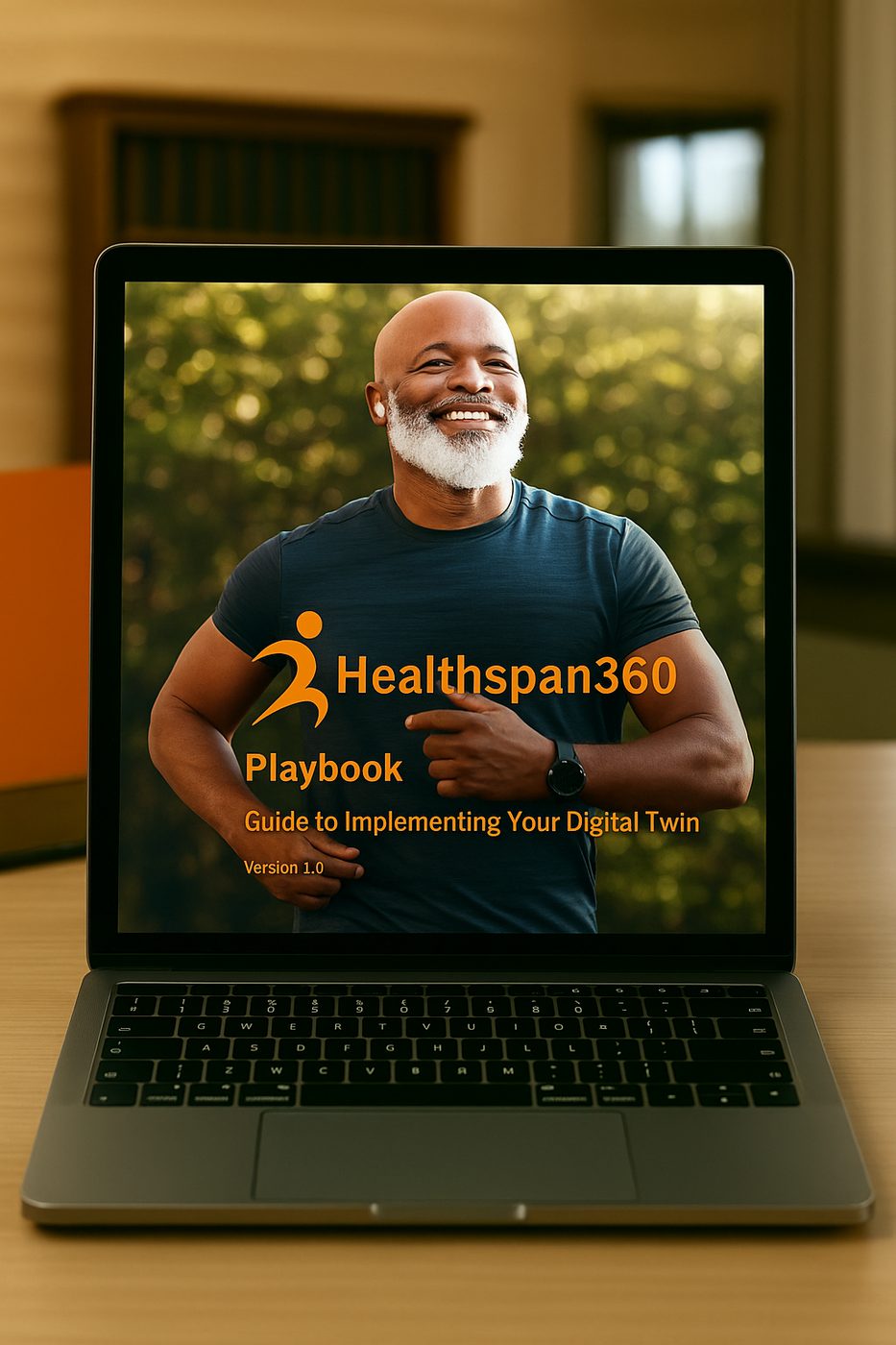 A laptop displaying the cover of the Healthspan360 Playbook, a guide to implementing your Digital Twin