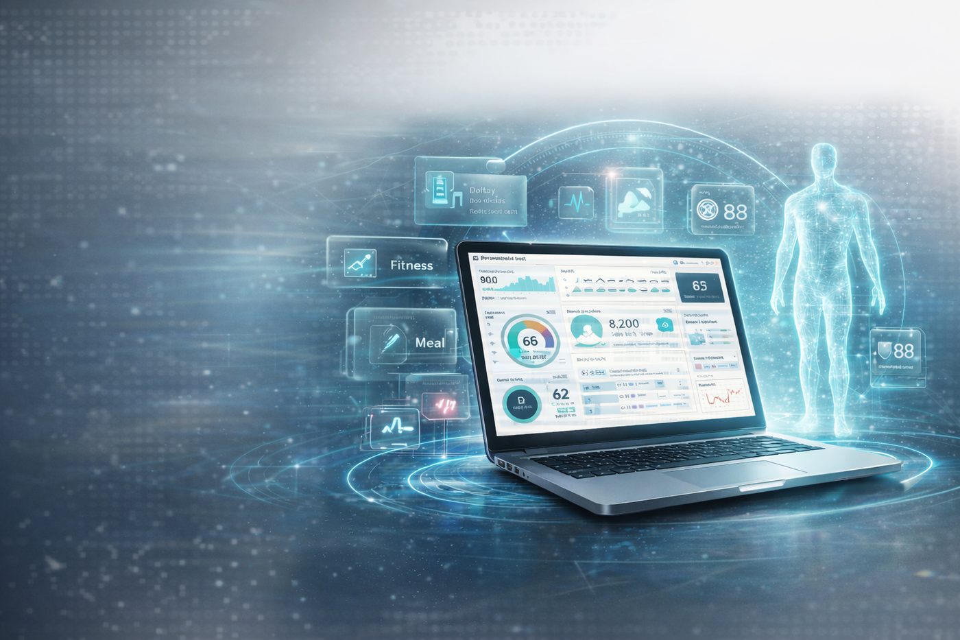 An illustration of health dashboards and a human body model floating around a laptop