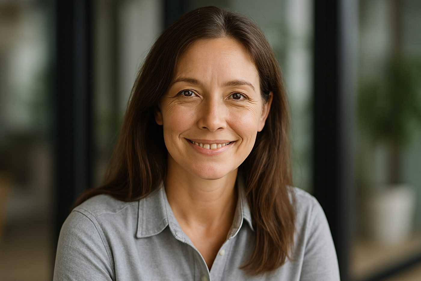 A woman smiling directly at the camera