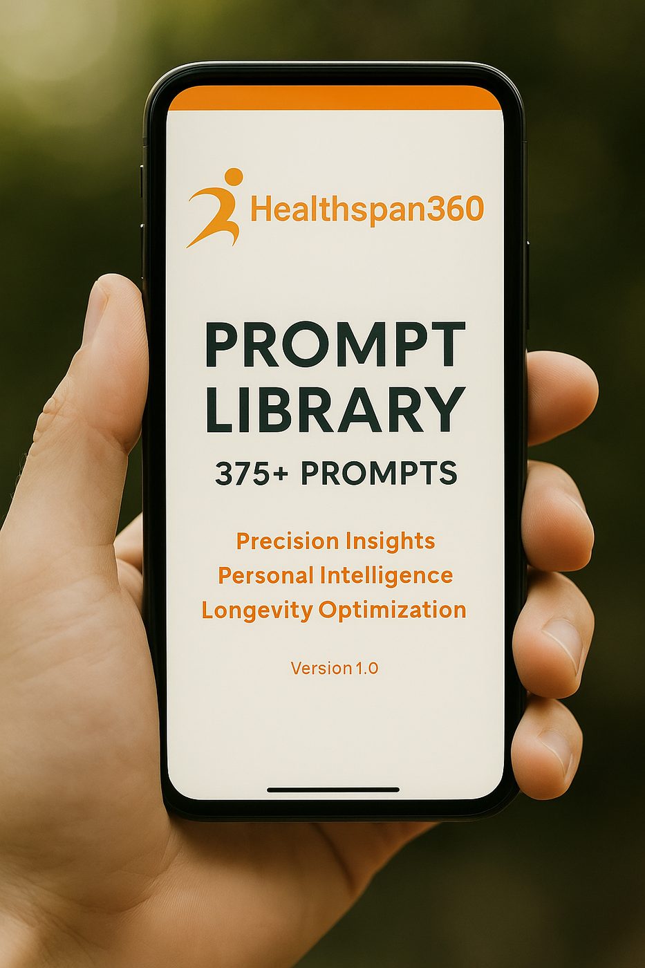 A phone showing the Healthspan360 Prompt Library screen with 375 plus prompts